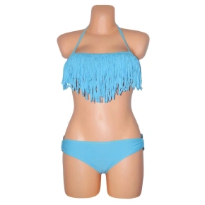 Damski dwuczęściowy strój kąpielowy bikini D-RING z frędzlami na biustonoszu i metalicznymi dodatkami niebieski - Niebieski - OEM