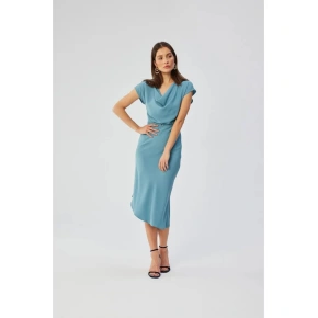 Asymetryczna sukienka z rękawem S362 turkusowo-niebieska - Stylove