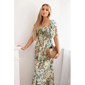 Wiskozowa sukienka z marszczonym dekoltem 29477 khaki - Kesi