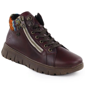 Skórzane botki damskie trapery bordowe Rieker N1305-35