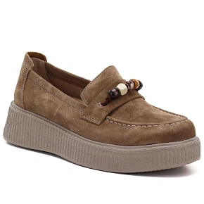 Skórzane półbuty damskie mokasyny na platformie z koralikami camel Vinceza 79649