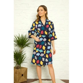 Damski szlafrok Y19260 tm. niebieski z liśćmi - La Penna