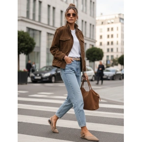 Dámská semišová bunda / bomber TY5578 Tmavě hnědá - Fashion Street