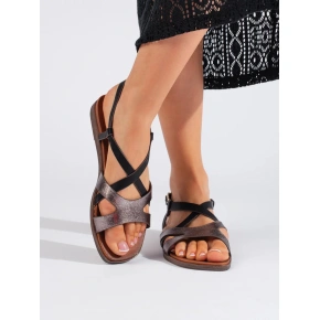 Damskie sandały na płaskim obcasie SK-073B 4czarne z brązowym - Sergio Leone