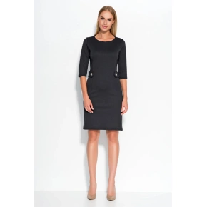 Damska designerska sukienka z guzikami w talii średniej długości czarna - Czarny - Makadamia