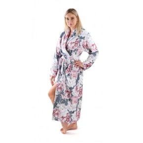 Szlafrok damski Aisha 2126 0012 ciemnoszary z kwiatami piwonii - Vestis