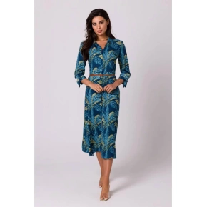 Damska sukienka koszulowa z guzikami - model 2 B259 Granatowy z zielonym - BeWear