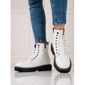 Botki damskie na płaskim obcasie KK274539 Biały z czarnym - BIG STAR