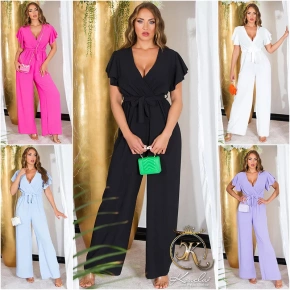 Damski kombinezon z szerokimi nogawkami i wiązanym paskiem 0000OV07814 Biały - Koucla