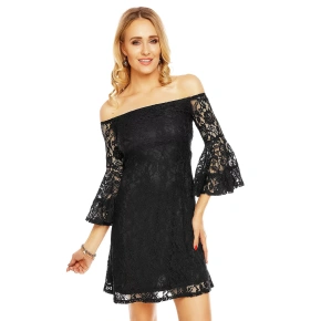 Czarna koronkowa sukienka z dekoltem w łódkę i szerokimi rękawami - Czarny - MAYAADI