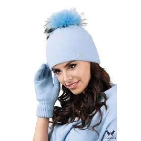 Czapka damska z futrzanym pomponem MEDIOLAN-PN niebieska - Kamea