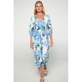 Sukienka damska 20417 ecru z niebieskim i zielonym nadrukiem - Vamp