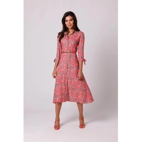 Damska sukienka koszulowa zapinana na guziki - model 1 B259 Ciemnopomarańczowa z zielonym wzorem - BeWear